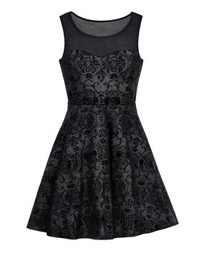 Fit & Flare Brocade Party Dress - whimsygoth- Black Silver Metallic Damask - L
